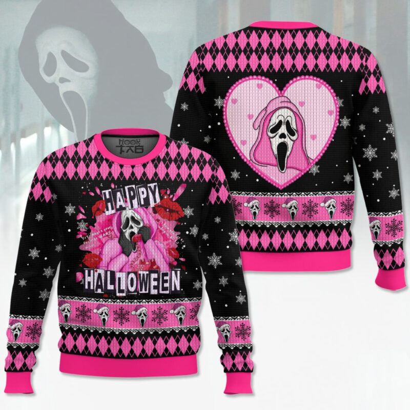 Hooktab Ghostface Happy Halloween Scream Ugly Christmas Sweater Hooktab Ghostface Happy Halloween Scream Ugly Christmas Sweater