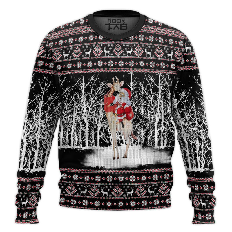 Hooktab Giraffe And Santa Ugly Christmas Sweater