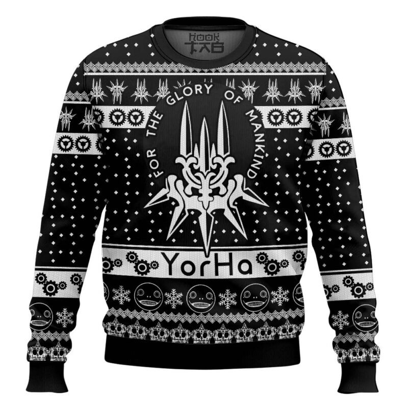 Hooktab Glory to Mankind Yorha Nier Automata Ugly Christmas Sweater