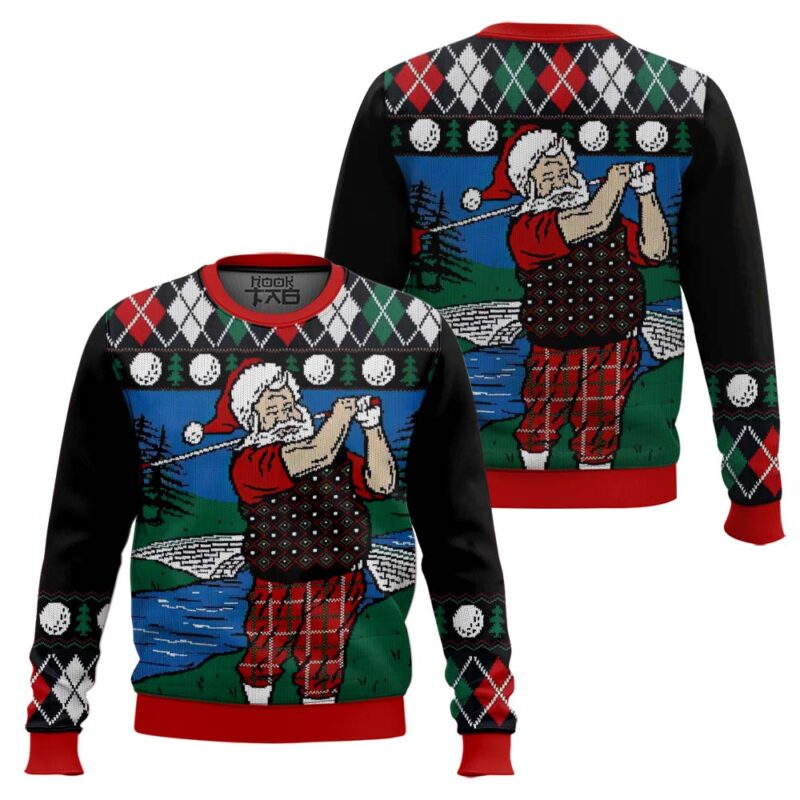 Hooktab Golfer Santa Claus Ugly Christmas Sweater Hooktab Golfer Santa Claus Ugly Christmas Sweater