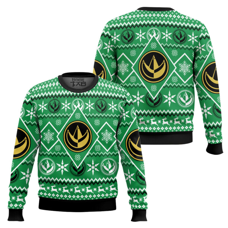 Hooktab Green Power Rangers Mighty Morphin Ugly Christmas Sweater Hooktab Green Power Rangers Mighty Morphin Ugly Christmas Sweater