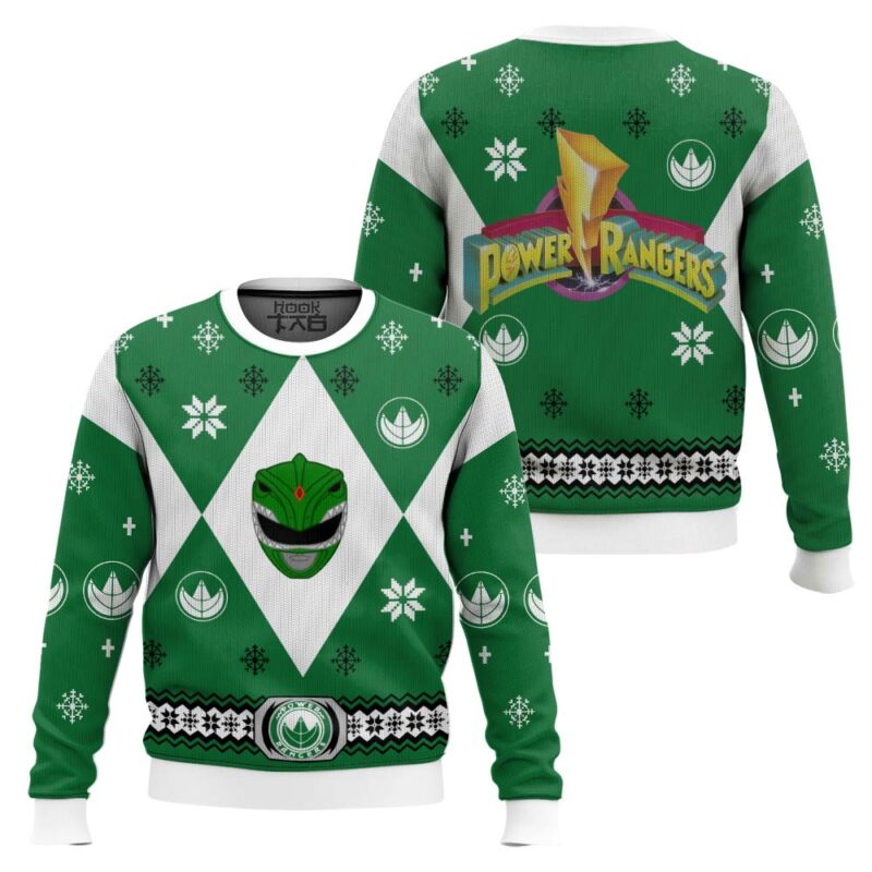 Hooktab Green Power Rangers Ugly Christmas Sweater Hooktab Green Power Rangers Ugly Christmas Sweater