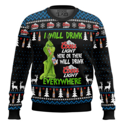 Hooktab Grinch I Will Drink Coors Light Everywhere Ugly Christmas Sweater