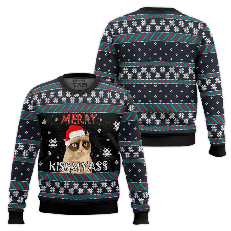 Hooktab Grumpy Cat Kissmyass Ugly Christmas Sweater Hooktab Grumpy Cat Kissmyass Ugly Christmas Sweater