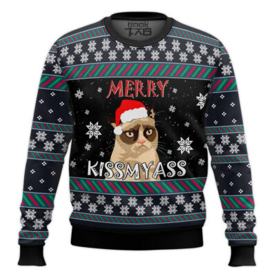 Hooktab Grumpy Cat Kissmyass Ugly Christmas Sweater