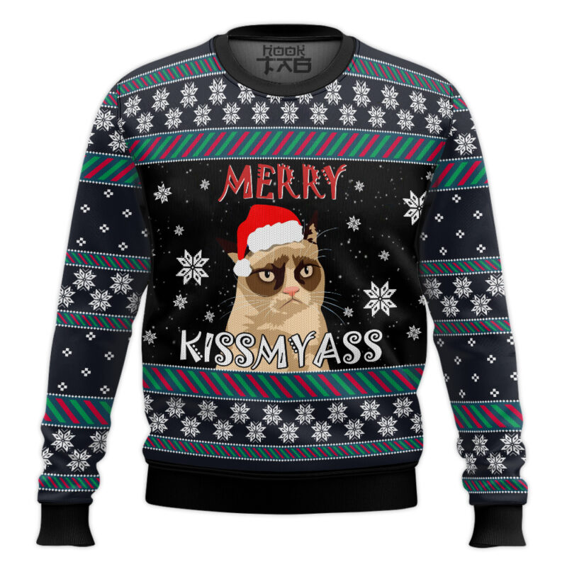 Hooktab Grumpy Cat Kissmyass Ugly Christmas Sweater