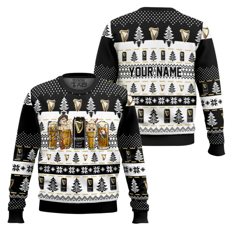 Hooktab Guinness Beer Horror Drink - Custom Name Ugly Christmas Sweater Hooktab Guinness Beer Horror Drink - Custom Name Ugly Christmas Sweater