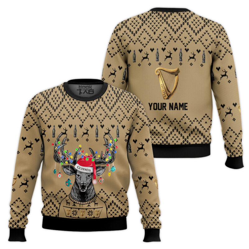 Hooktab Guinness Beer Reindeer - Custom Name Ugly Christmas Sweater Hooktab Guinness Beer Reindeer - Custom Name Ugly Christmas Sweater