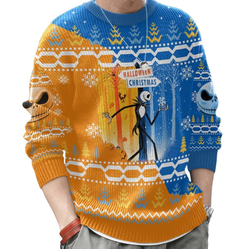 Hooktab Halloween To Christmas Jack Skellington Ugly Christmas Sweater Hooktab Halloween To Christmas Jack Skellington Ugly Christmas Sweater