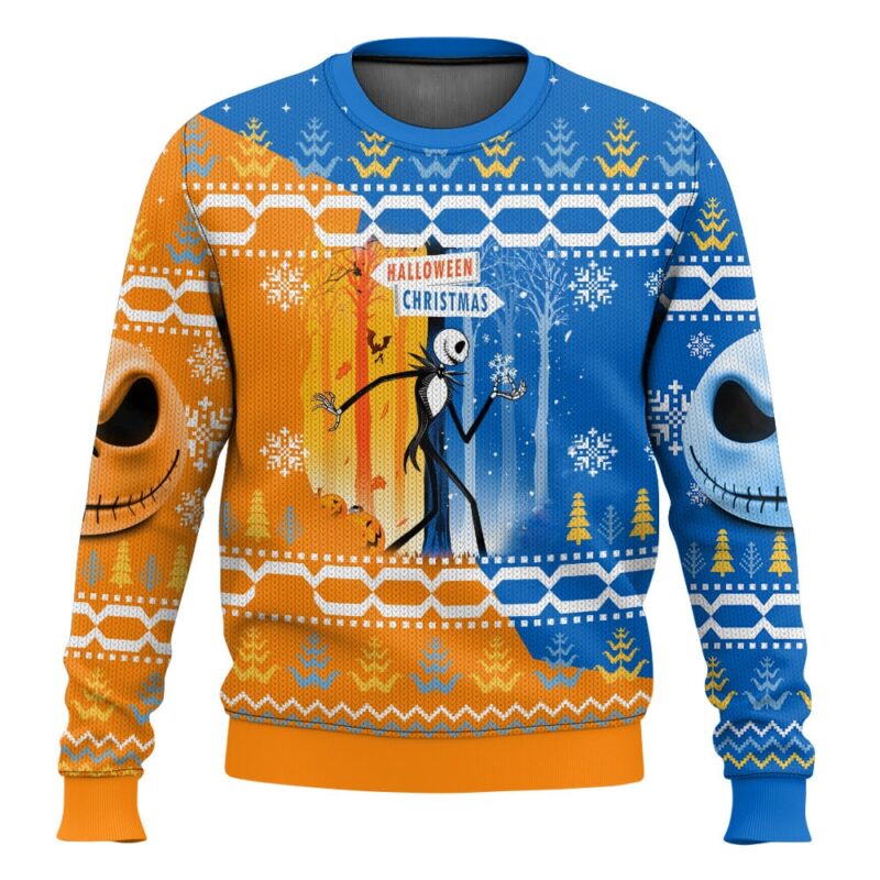 Hooktab Halloween To Christmas Jack Skellington Ugly Christmas Sweater Hooktab Halloween To Christmas Jack Skellington Ugly Christmas Sweater