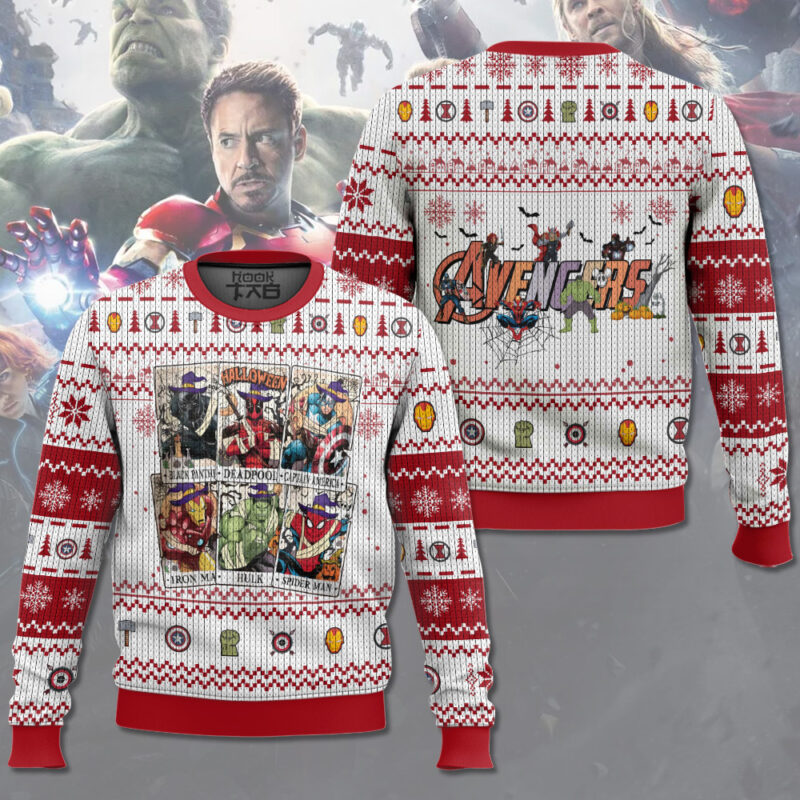 Hooktab Happy Halloween Marvel Avengers Ugly Christmas Sweater Hooktab Happy Halloween Marvel Avengers Ugly Christmas Sweater