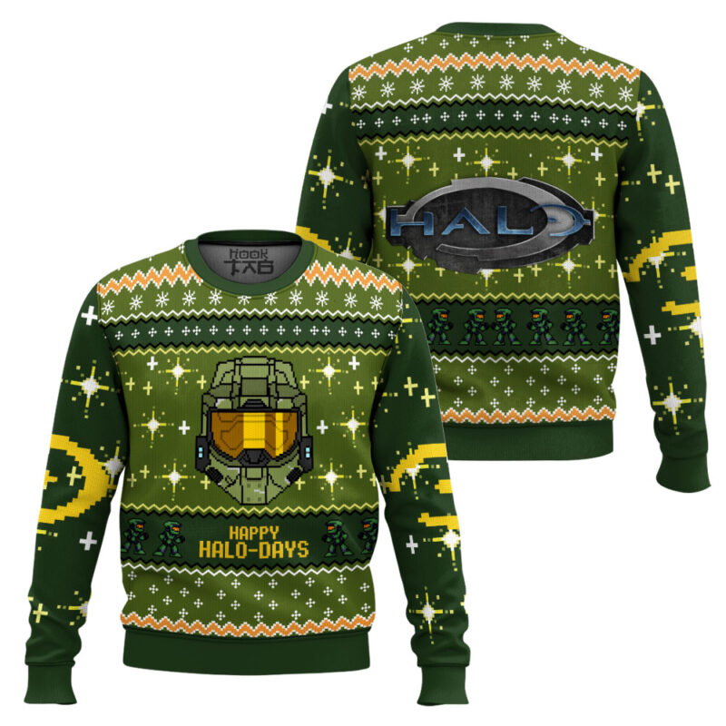 Hooktab Happy Halo-days Halo Combat Evolved Ugly Christmas Sweater Hooktab Happy Halo-days Halo Combat Evolved Ugly Christmas Sweater