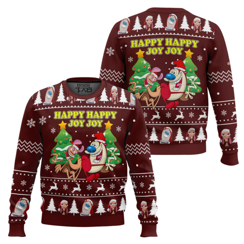 Hooktab Happy Happy Joy Joy Ren And Stimpy Ugly Christmas Sweater Hooktab Happy Happy Joy Joy Ren And Stimpy Ugly Christmas Sweater