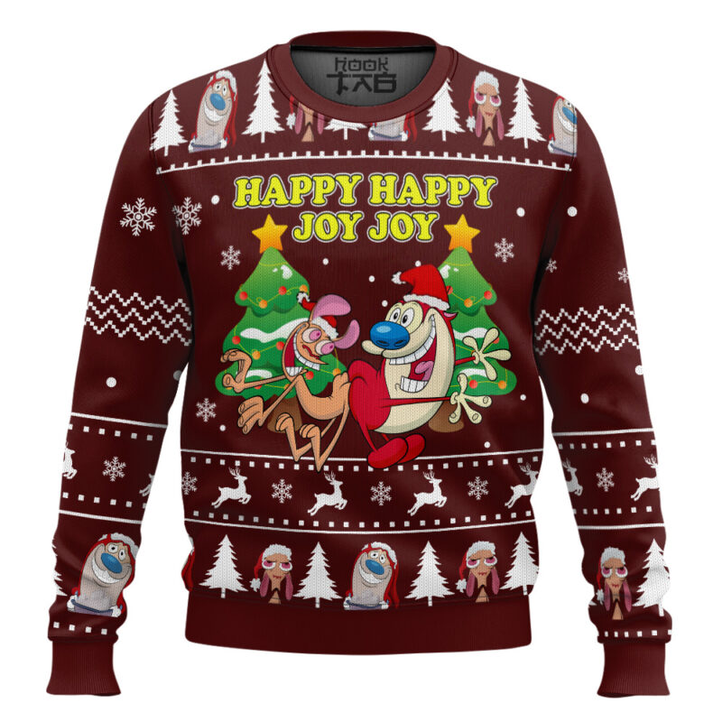 Hooktab Happy Happy Joy Joy Ren And Stimpy Ugly Christmas Sweater