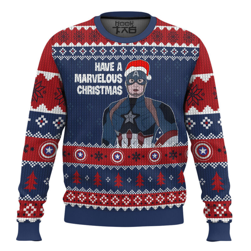Hooktab Have A Marvelous Christmas Captain America Ugly Christmas Sweater