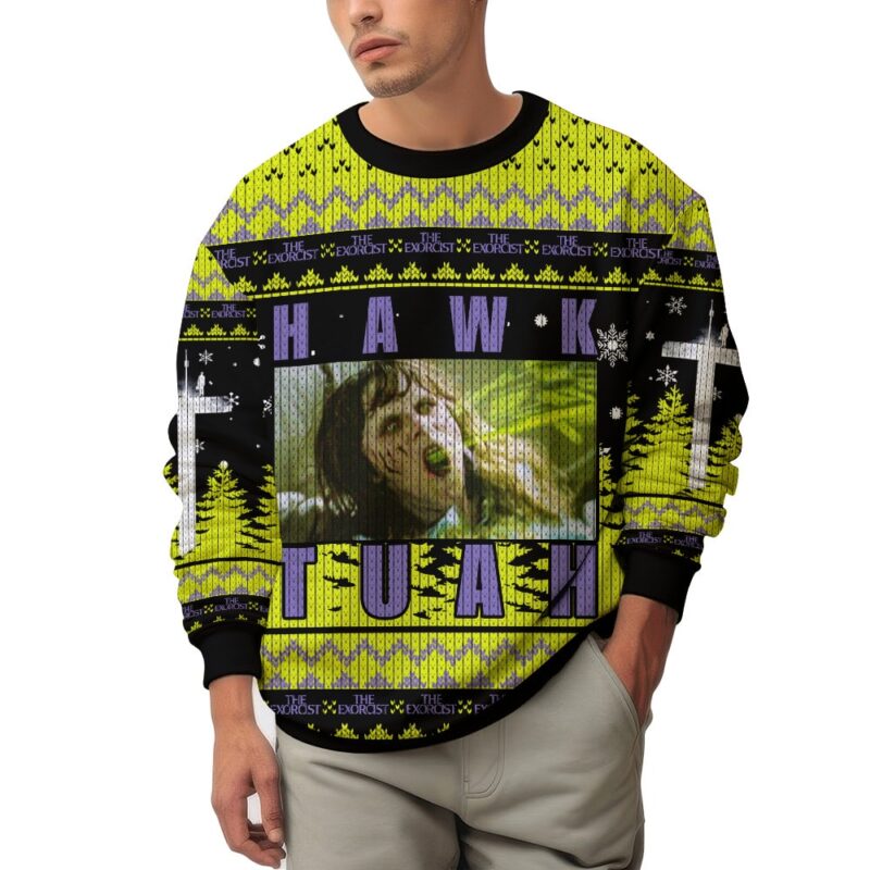 Hooktab Hawk Tuah The Exorcist Ugly Christmas Sweater Hooktab Hawk Tuah The Exorcist Ugly Christmas Sweater