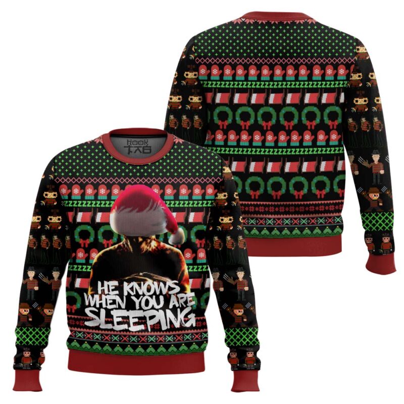 Hooktab He Know When You Are Sleeping A Nightmare on Elm Street Ugly Christmas Sweater Hooktab He Know When You Are Sleeping A Nightmare on Elm Street Ugly Christmas Sweater