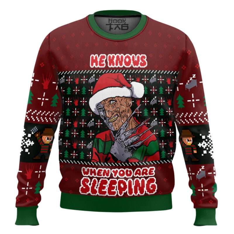 Hooktab He Know When You Are Sleeping Freddy Krueger Ugly Christmas Sweater