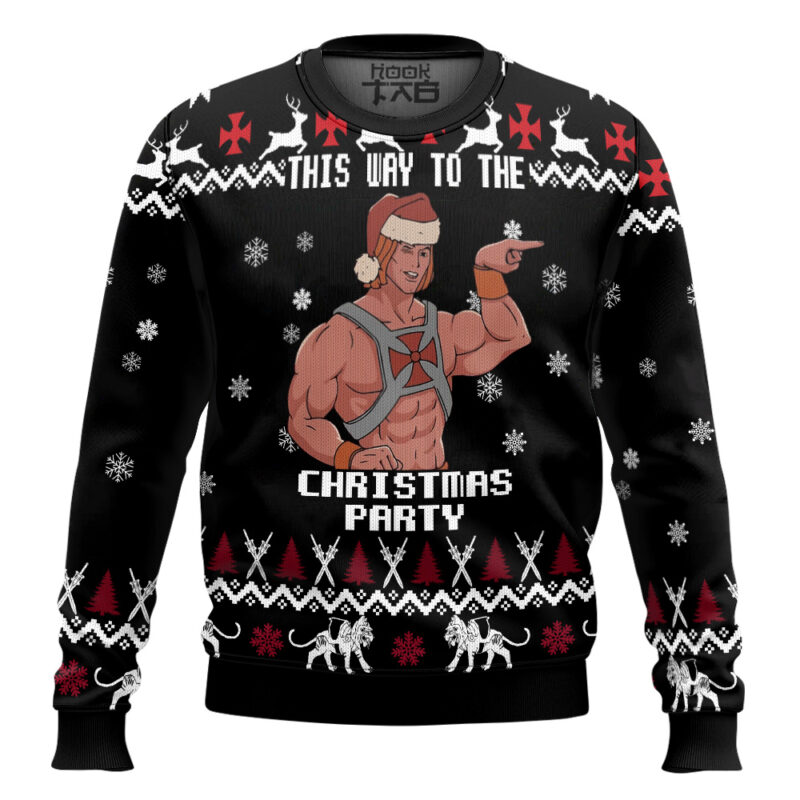 Hooktab He-man "This Way To The Christmas Party" Masters of the Universe Ugly Christmas Sweater