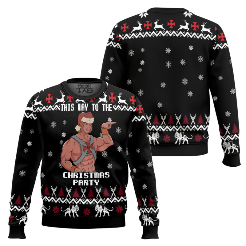 Hooktab He-man "This Way To The Christmas Party" Masters of the Universe Ugly Christmas Sweater Hooktab He-man "This Way To The Christmas Party" Masters of the Universe Ugly Christmas Sweater