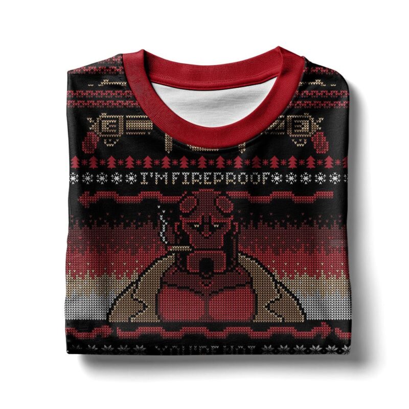 Hooktab Hellboy I'm Fireproof Ugly Christmas Sweater Hooktab Hellboy I'm Fireproof Ugly Christmas Sweater