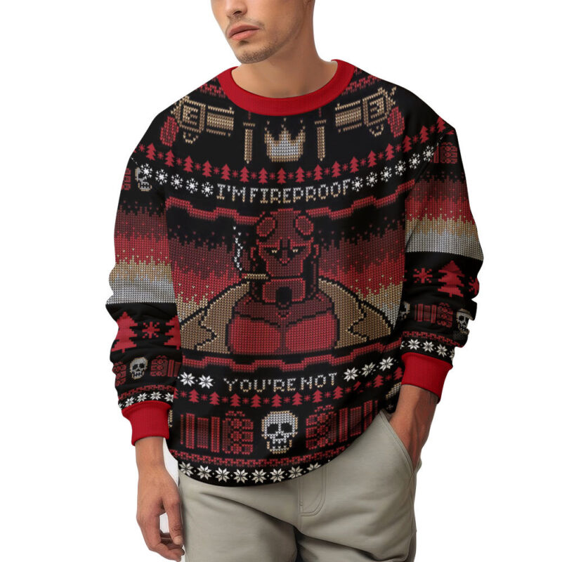 Hooktab Hellboy I'm Fireproof Ugly Christmas Sweater Hooktab Hellboy I'm Fireproof Ugly Christmas Sweater