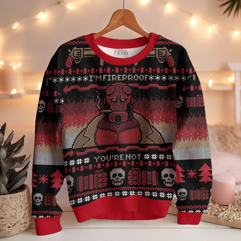 Hooktab Hellboy I'm Fireproof Ugly Christmas Sweater Hooktab Hellboy I'm Fireproof Ugly Christmas Sweater