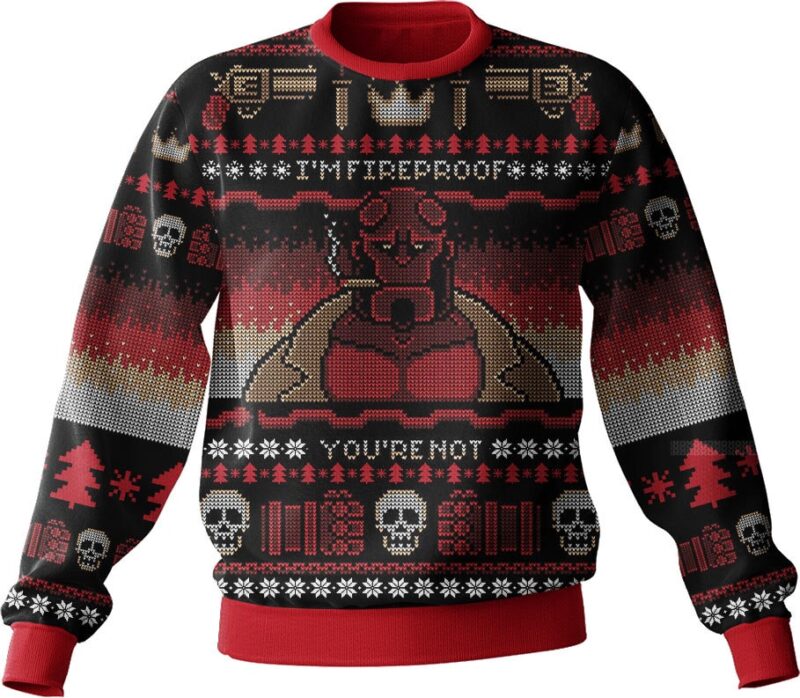Hooktab Hellboy I'm Fireproof Ugly Christmas Sweater Hooktab Hellboy I'm Fireproof Ugly Christmas Sweater