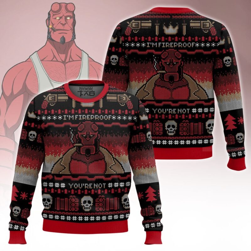 Hooktab Hellboy I'm Fireproof Ugly Christmas Sweater Hooktab Hellboy I'm Fireproof Ugly Christmas Sweater