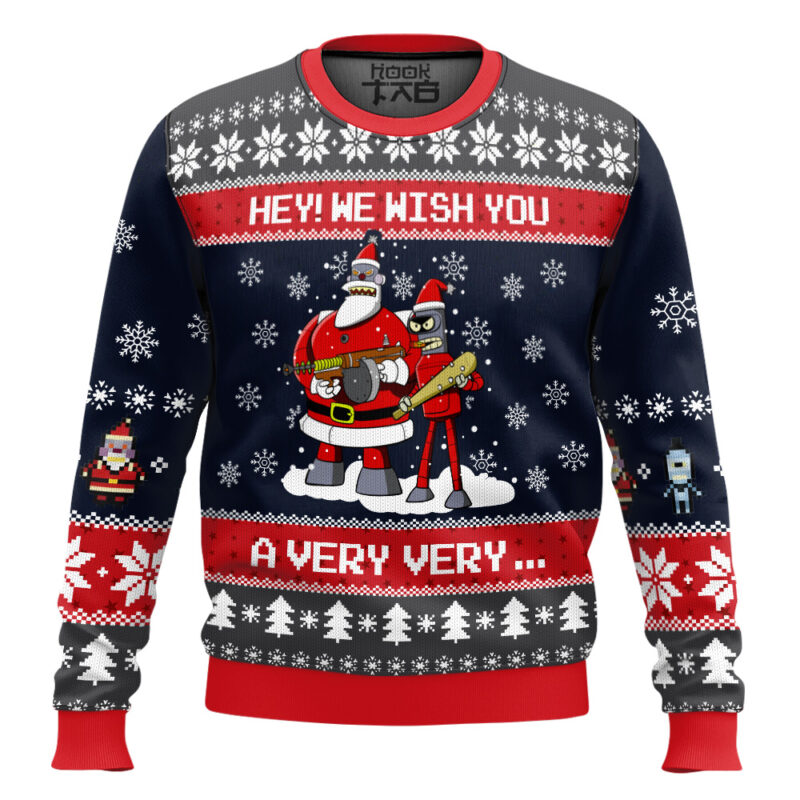 Hooktab Hey! We Wish You A Futurama Ugly Christmas Sweater