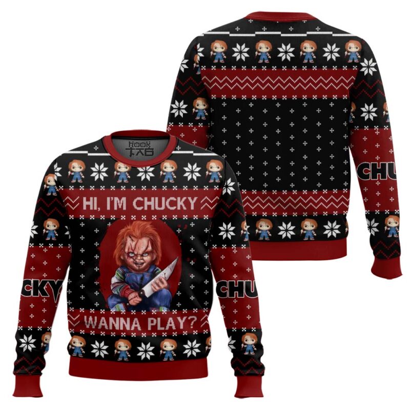 Hooktab Hi I'm Chucky Wanna Play Ugly Christmas Sweater Hooktab Hi I'm Chucky Wanna Play Ugly Christmas Sweater
