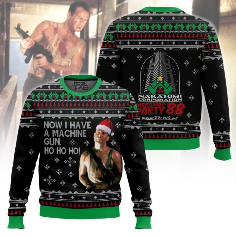 Hooktab Ho Ho Ho Machine Gun Die Hard Ugly Christmas Sweater Hooktab Ho Ho Ho Machine Gun Die Hard Ugly Christmas Sweater