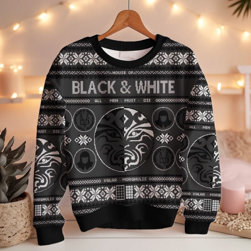 Hooktab House Of Black and White Valar Morghulis Game Of Throne Ugly Christmas Sweater Hooktab House Of Black and White Valar Morghulis Game Of Throne Ugly Christmas Sweater