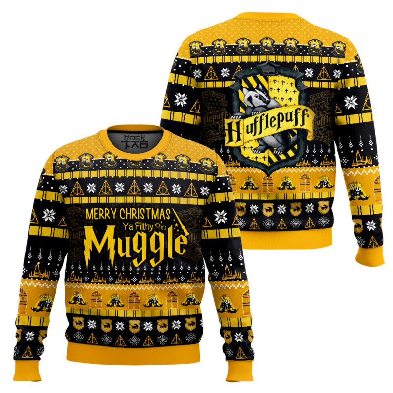 Hooktab Hufflepuff Merry Christmas Ya Filthy Muggle Sweater Hooktab Hufflepuff Merry Christmas Ya Filthy Muggle Sweater