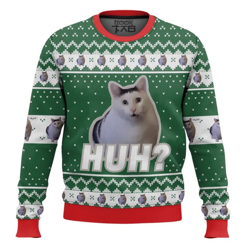 Hooktab Huh? Cat Meme Ugly Christmas Sweater
