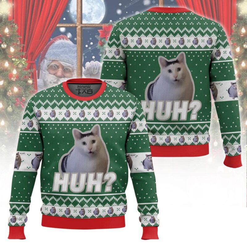 Hooktab Huh? Cat Meme Ugly Christmas Sweater Hooktab Huh? Cat Meme Ugly Christmas Sweater