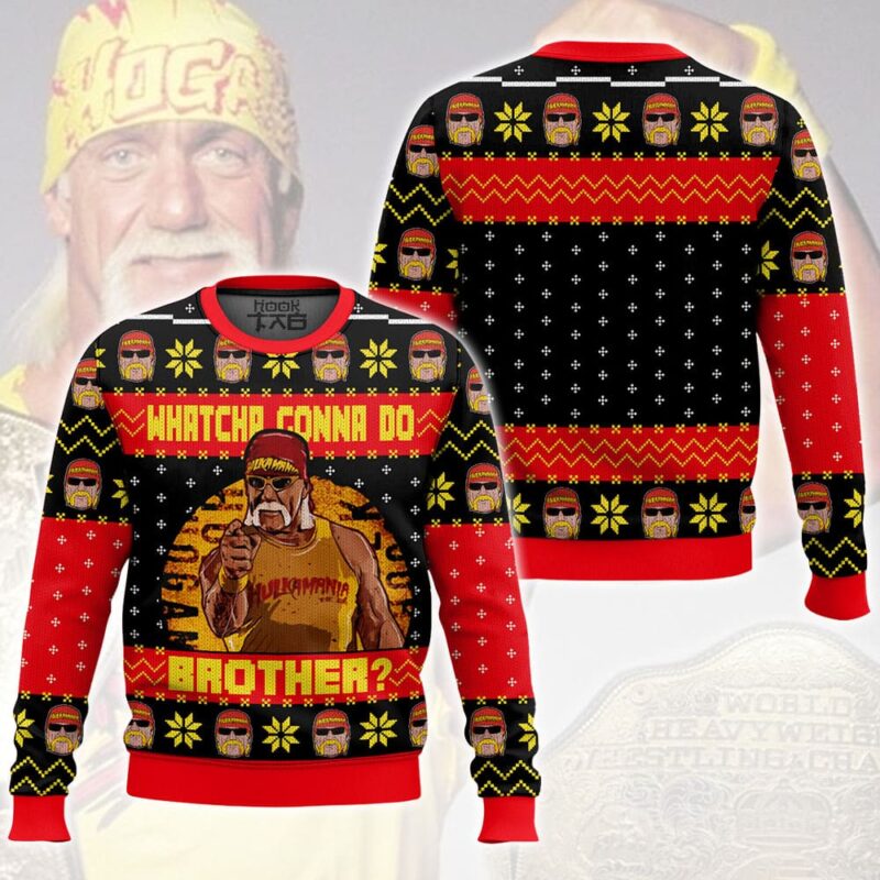 Hooktab Hulk Hogan Whatcha Gonna Do Brother WWE Ugly Christmas Sweater Hooktab Hulk Hogan Whatcha Gonna Do Brother WWE Ugly Christmas Sweater