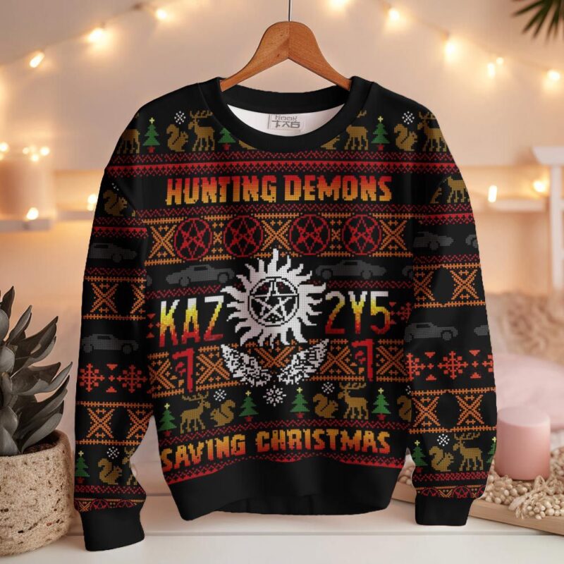 Hooktab Hunting Demons Saving Christmas Kaz 2y5 Supernatural Ugly Christmas Sweater Hooktab Hunting Demons Saving Christmas Kaz 2y5 Supernatural Ugly Christmas Sweater