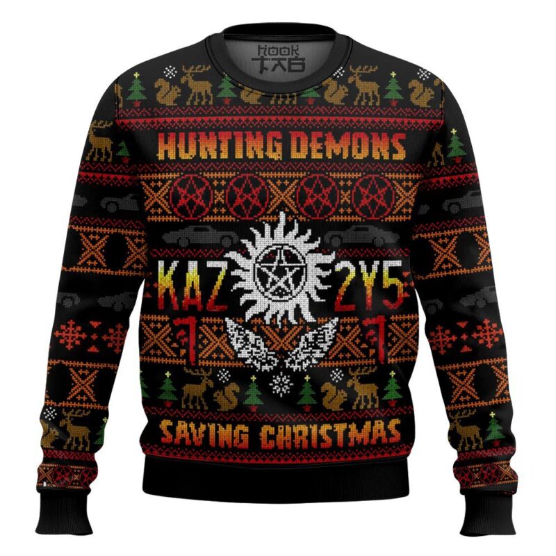 Hooktab Hunting Demons Saving Christmas Kaz 2y5 Supernatural Ugly Christmas Sweater