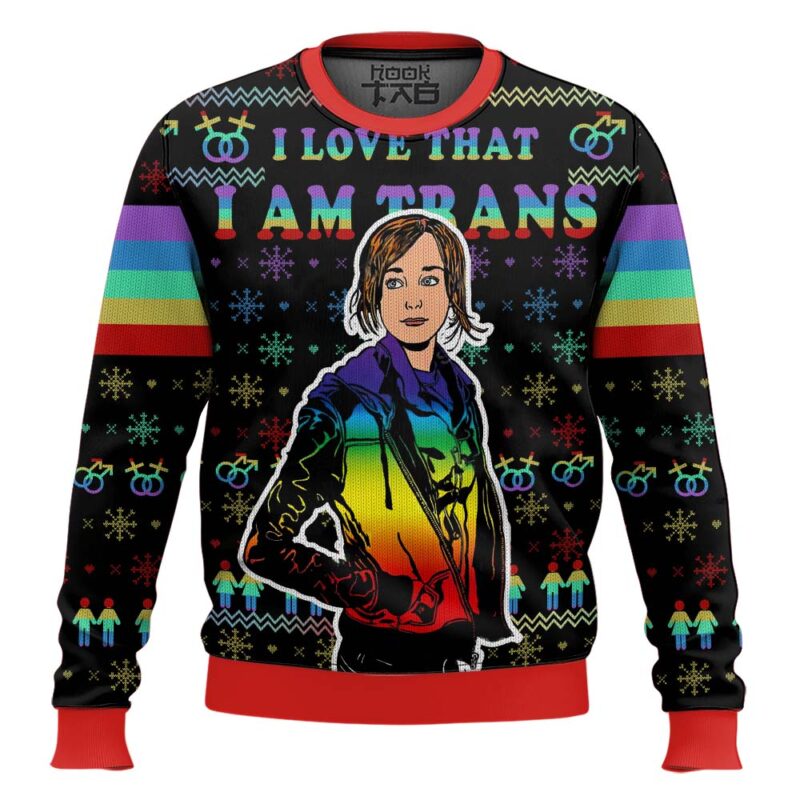 Hooktab I Love That I Am Trans Unicorn LGBT Support Ugly Christmas Sweater