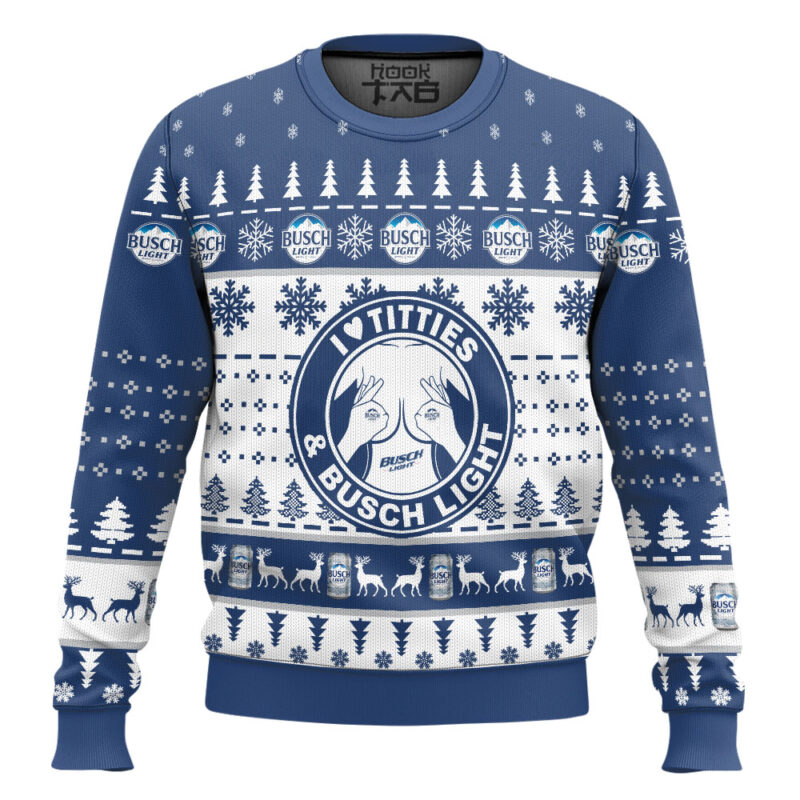 Hooktab I Love Titties And Busch Light Ugly Christmas Sweater