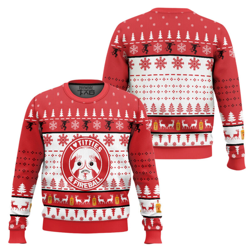 Hooktab I Love Titties And Fireball Whiskey Ugly Christmas Sweater Hooktab I Love Titties And Fireball Whiskey Ugly Christmas Sweater