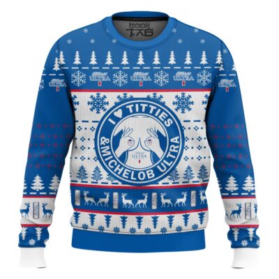 Hooktab I Love Titties And Michelob Ultra Ugly Christmas Sweater