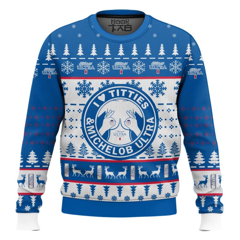 Hooktab I Love Titties And Michelob Ultra Ugly Christmas Sweater