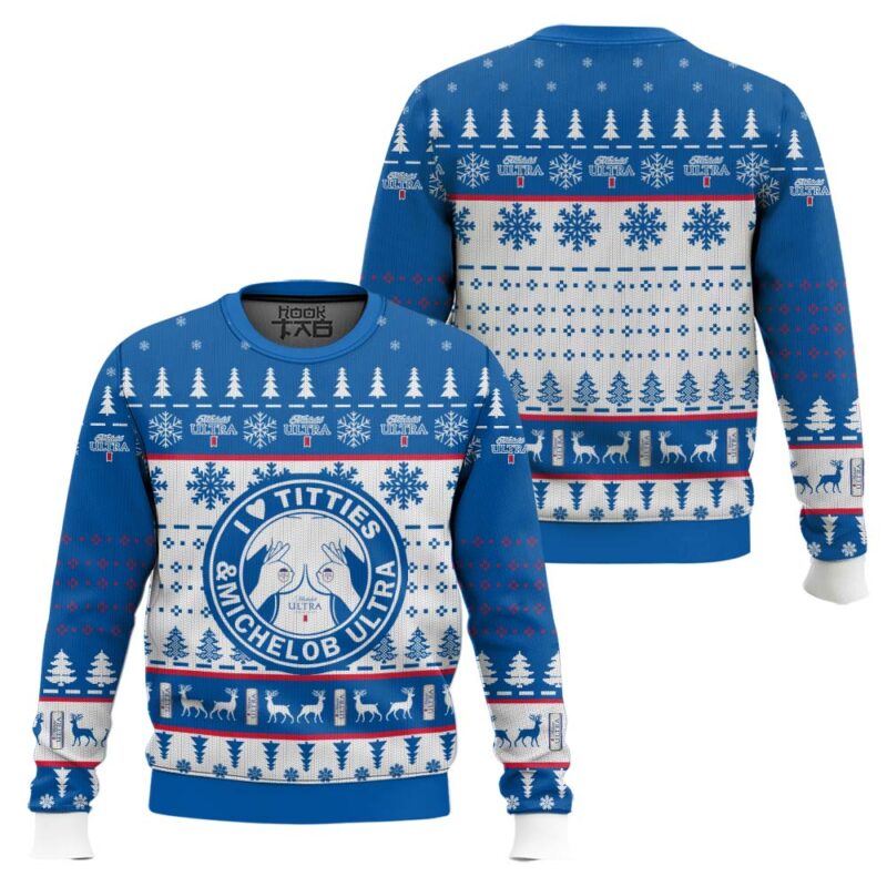 Hooktab I Love Titties And Michelob Ultra Ugly Christmas Sweater Hooktab I Love Titties And Michelob Ultra Ugly Christmas Sweater