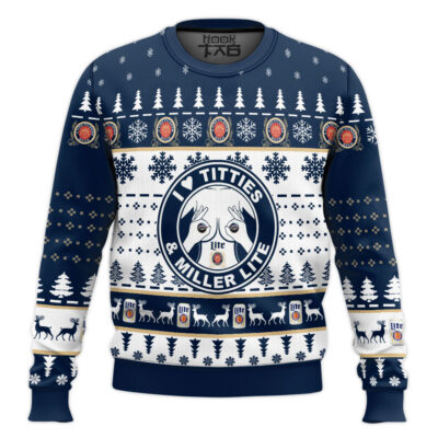 Hooktab I Love Titties And Miller Lite Ugly Christmas Sweater