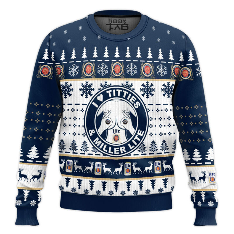 Hooktab I Love Titties And Miller Lite Ugly Christmas Sweater Hooktab I Love Titties And Miller Lite Ugly Christmas Sweater