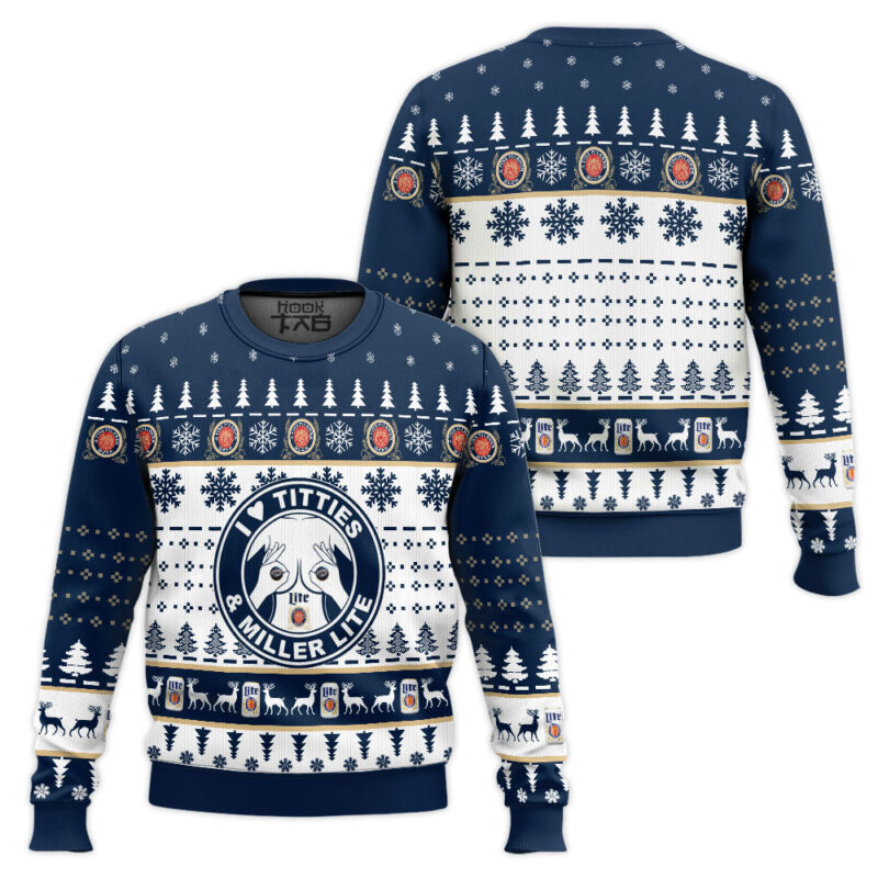 Hooktab I Love Titties And Miller Lite Ugly Christmas Sweater Hooktab I Love Titties And Miller Lite Ugly Christmas Sweater