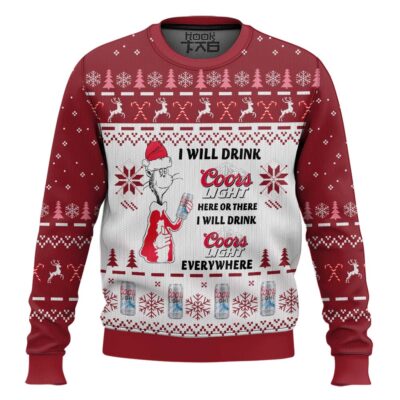 Hooktab I Will Drink Coors Light Here Or There Ugly Christmas Sweater
