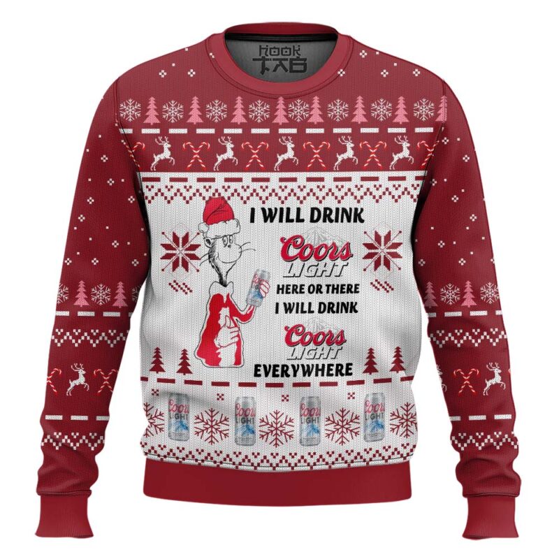 Hooktab I Will Drink Coors Light Here Or There Ugly Christmas Sweater